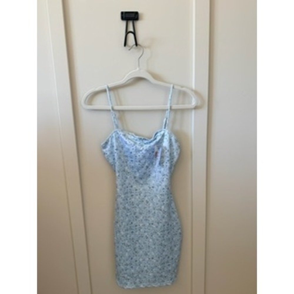 Y2K Lush Blue Floral Mini Dress NWT Size M Spaghetti Strap Scalloped Trim